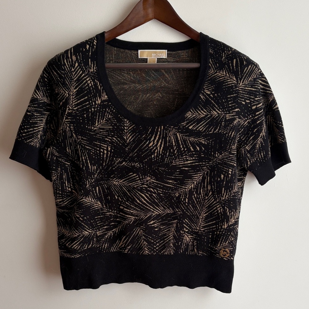 Michael Kors Black Short Sleeve Knit Top with Gold Leaf Motif